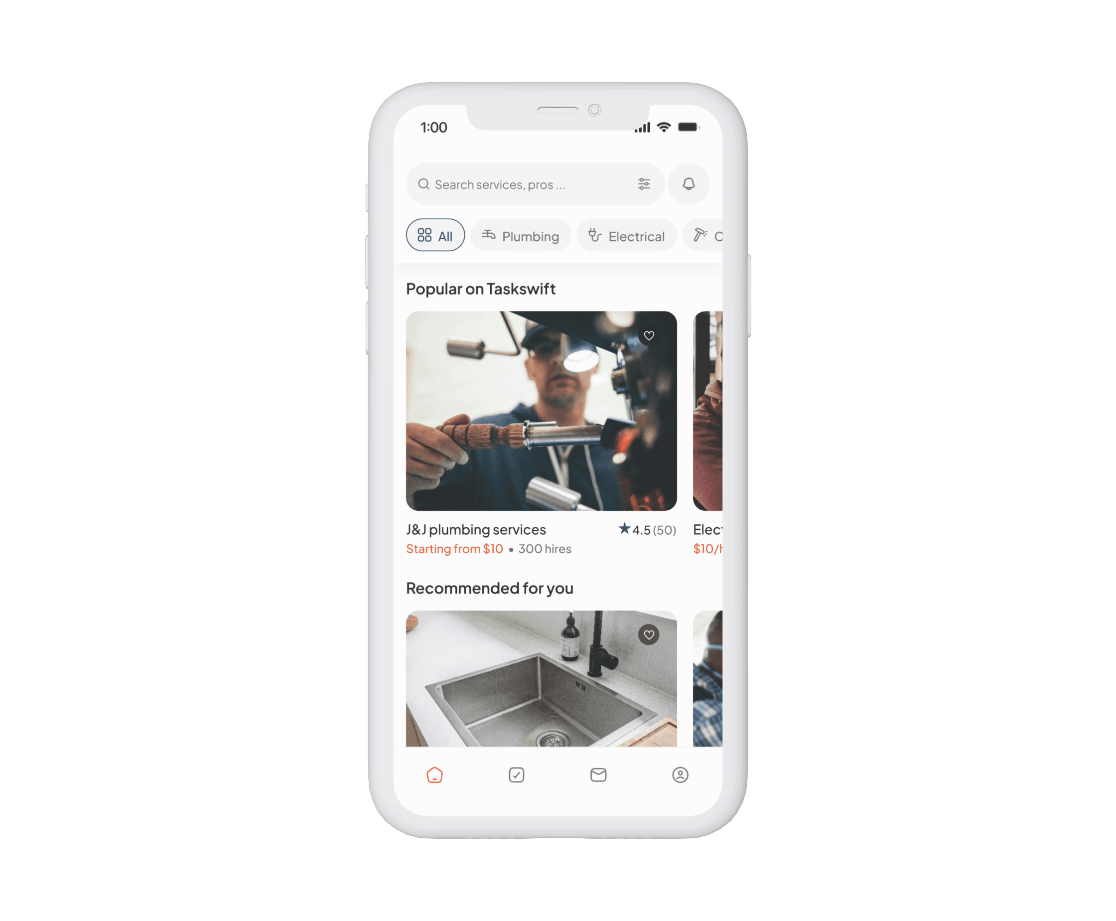 The Swift Tasks app showing popular professionals